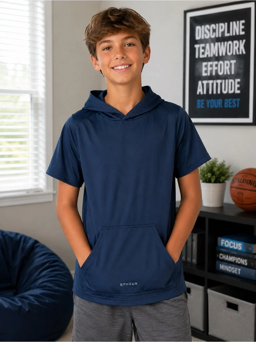 Spyder Boys Large 12/14 Navy Performance Hooded Short Sleeve Pocket Athletic